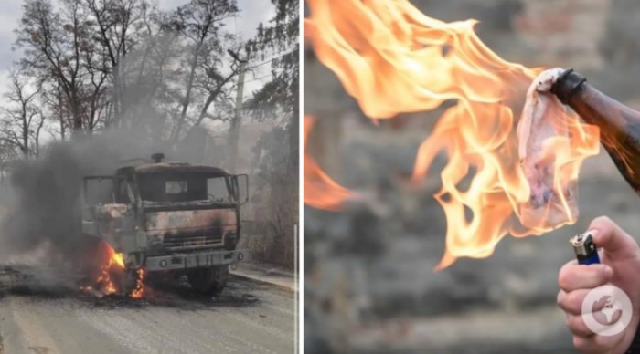 На Київщині місцеві жителі за допомогою «коктейлю Молотова» спалили вантажівку окупантів. Фото